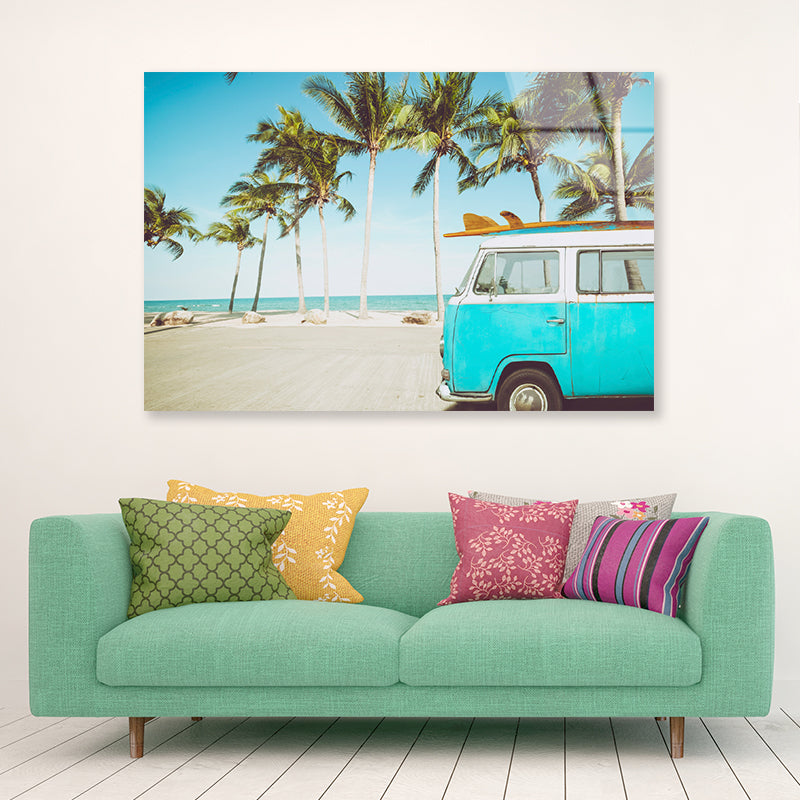 A Blue Van Parked On a Beach with Palm Trees Acrylic Glass Print Tempered Glass Wall Art 100% Made in Australia Ready to Hang