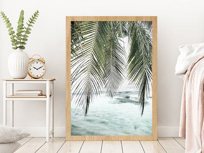 Palm Leaves & Calm Sea Photograph Glass Framed Wall Art, Ready to Hang Quality Print Without White Border Oak