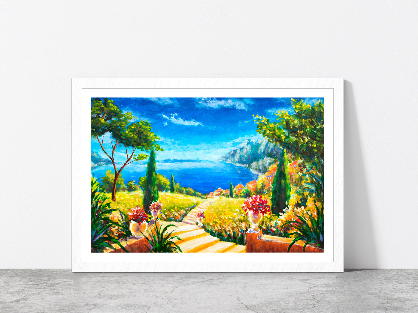 Road To The Ocean, Vases With Flowers & Beautiful Mountains Glass Framed Wall Art, Ready to Hang Quality Print With White Border White