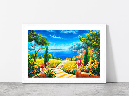 Road To The Ocean, Vases With Flowers & Beautiful Mountains Glass Framed Wall Art, Ready to Hang Quality Print With White Border White