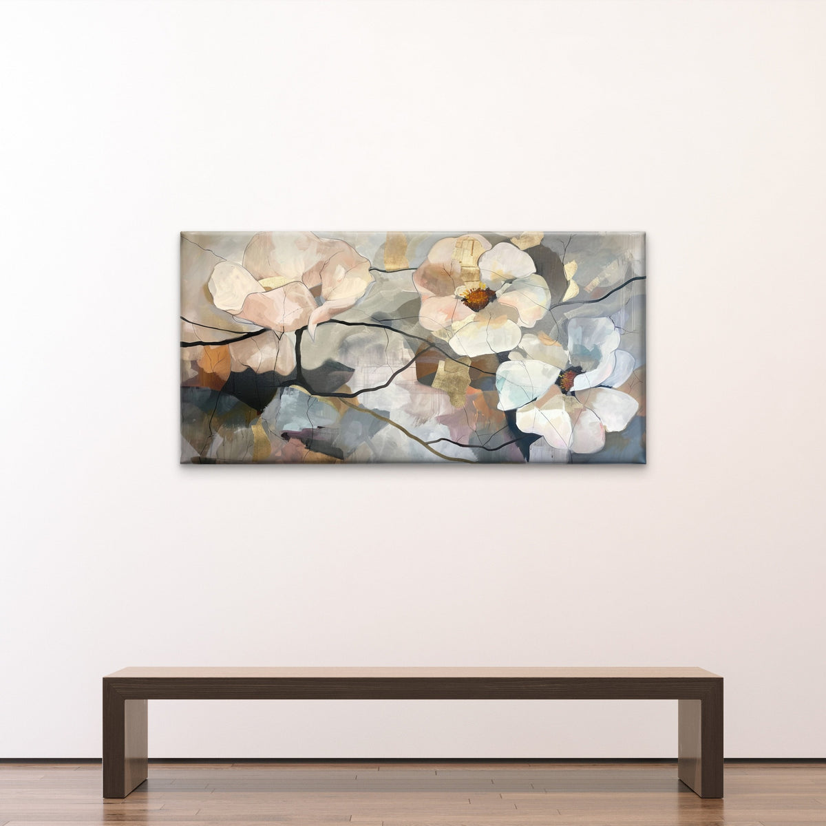 Gold White Floral Bloom Botanical Design Wall Art Canvas Office Home Framed 120x60cm