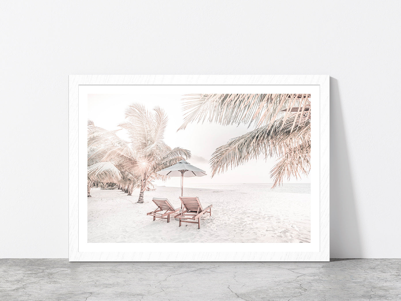 Beach Hut & Chair with Palm Trees on Sandy Seashore Glass Framed Wall Art, Ready to Hang Quality Print With White Border White