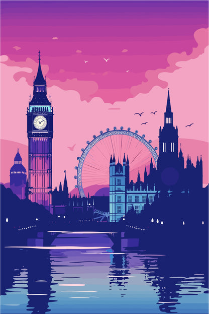London Big Ben Skyline Purple Sunset 60x90cm Metal Print Ready to Hang