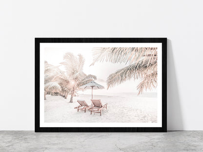 Beach Hut & Chair with Palm Trees on Sandy Seashore Glass Framed Wall Art, Ready to Hang Quality Print With White Border Black