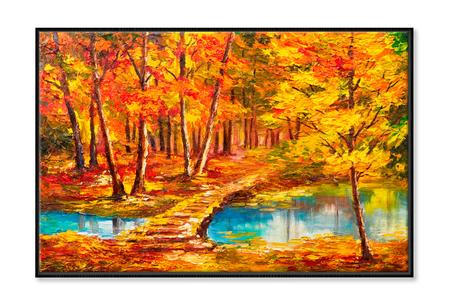 Autumn Forest Near The River, Orange Leaves Oil Painting Limited Edition High Quality Print Canvas Box Framed Black