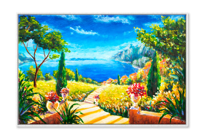 Road To The Ocean, Vases With Flowers & Beautiful Mountains Oil Painting Wall Art Limited Edition High Quality Print Canvas Box Framed White