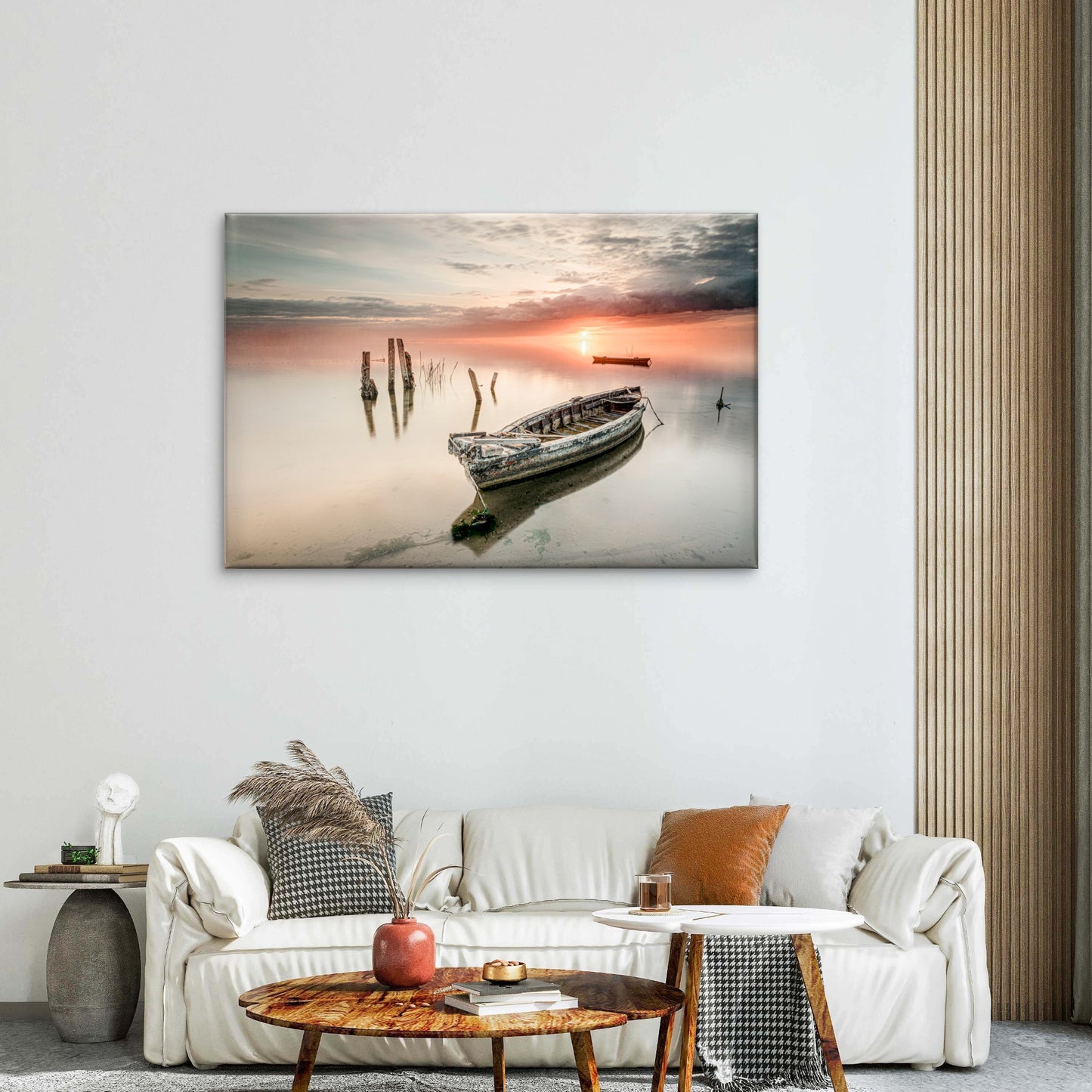 Moody Sunset with Rustic Old Boat Calm Coastal Reflection Wall Art Decor 100% Australian Made