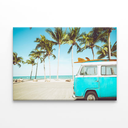 A Blue Van Parked On a Beach with Palm Trees Print 100% Australian Made