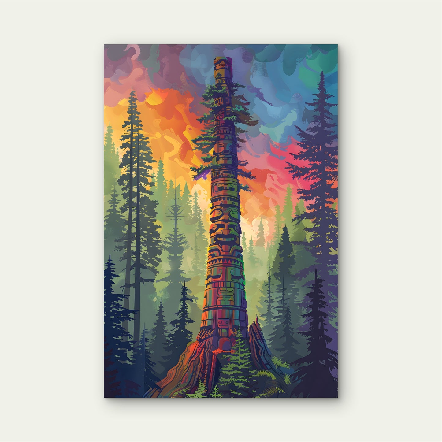 Colorful Forest Totem Pole Alaska 40x60cm Metal Print Ready to Hang