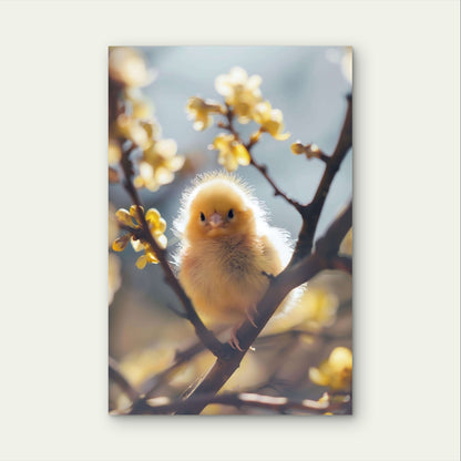 Adorable Yellow Chick Perched Tree Branch 40x60cm Metal Print Ready to Hang