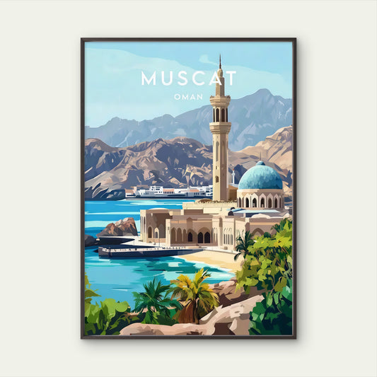 Muscat Oman Vibrant Coastal Middle Eastern Architecture Travel Poster Print Wall Art