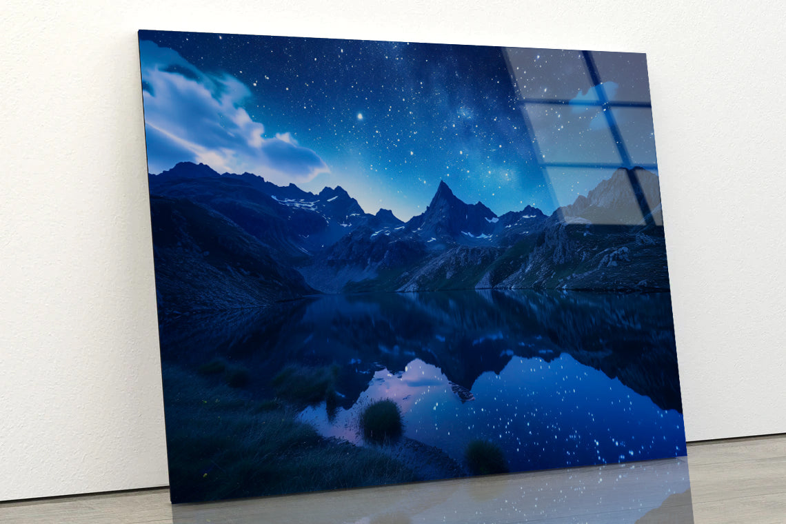 Night View with Mountain Lake and Starry Sky Acrylic Glass Print Tempered Glass Wall Art 100% Made in Australia Ready to Hang - Bella Home Decor