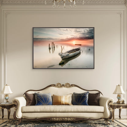 Moody Sunset with Rustic Old Boat Calm Coastal Reflection Wall Art Decor 100% Australian Made