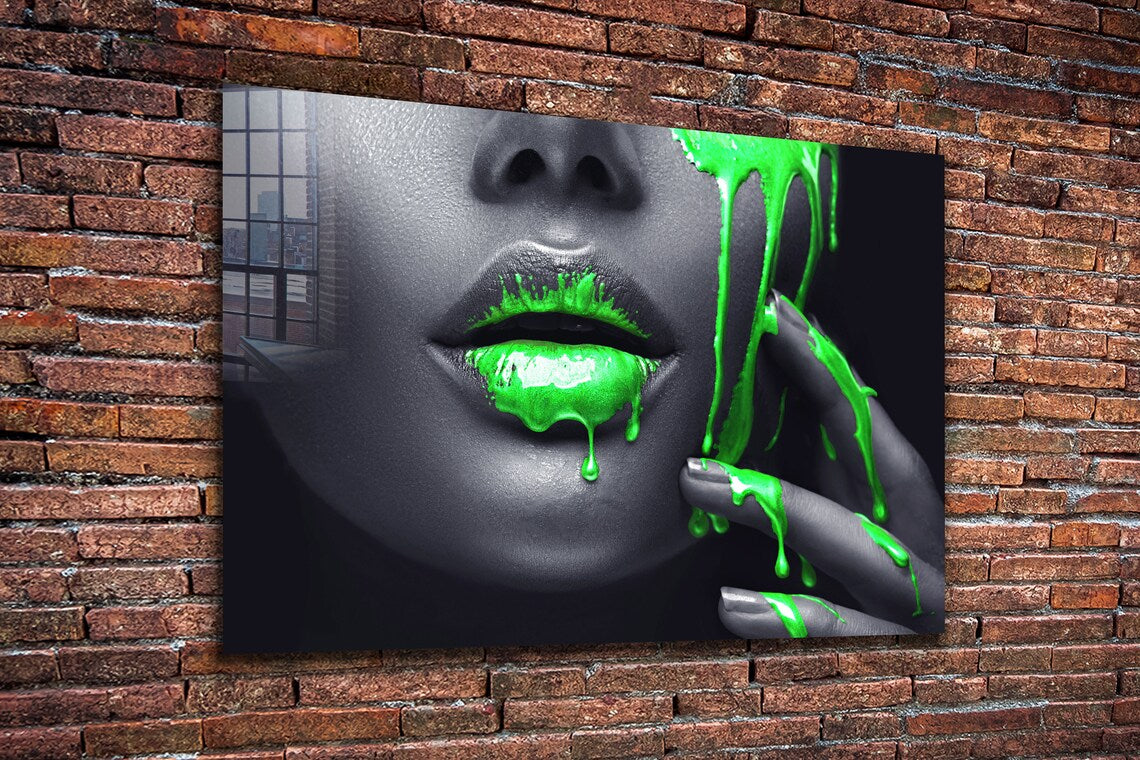 Makeup Girl Green Lips UV Direct Aluminum Print Australian Made Quality