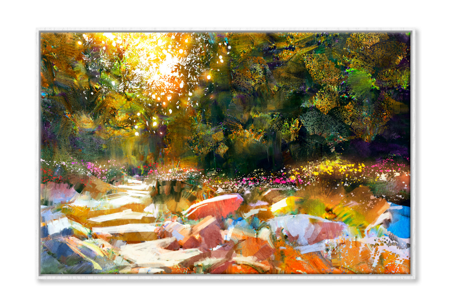 Pathway With Trees & Flowers In Autumn Oil Painting Wall Art Limited Edition High Quality Print Canvas Box Framed White