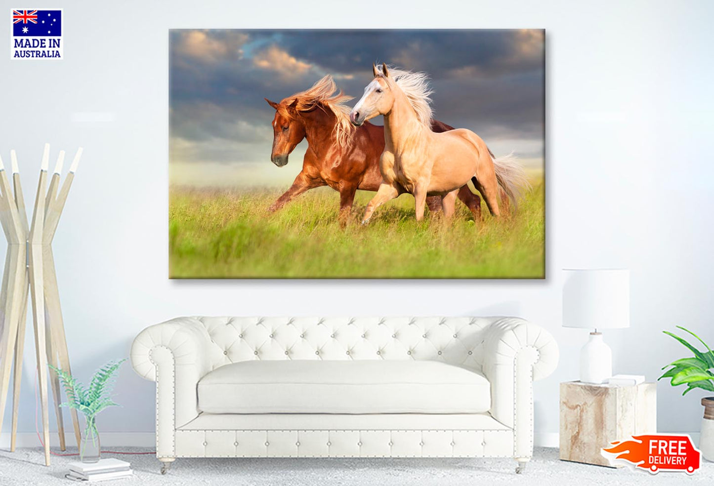 Horses Running in A Field with A Cloudy Sky Wall Art Decor 100% Australian Made - Bella Home Decor