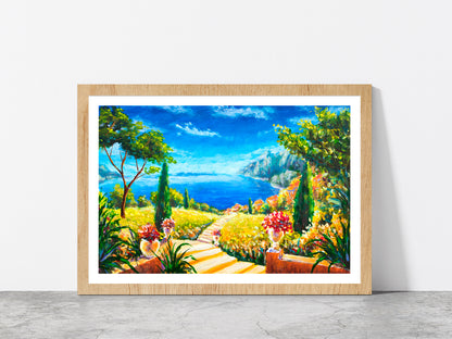 Road To The Ocean, Vases With Flowers & Beautiful Mountains Glass Framed Wall Art, Ready to Hang Quality Print With White Border Oak