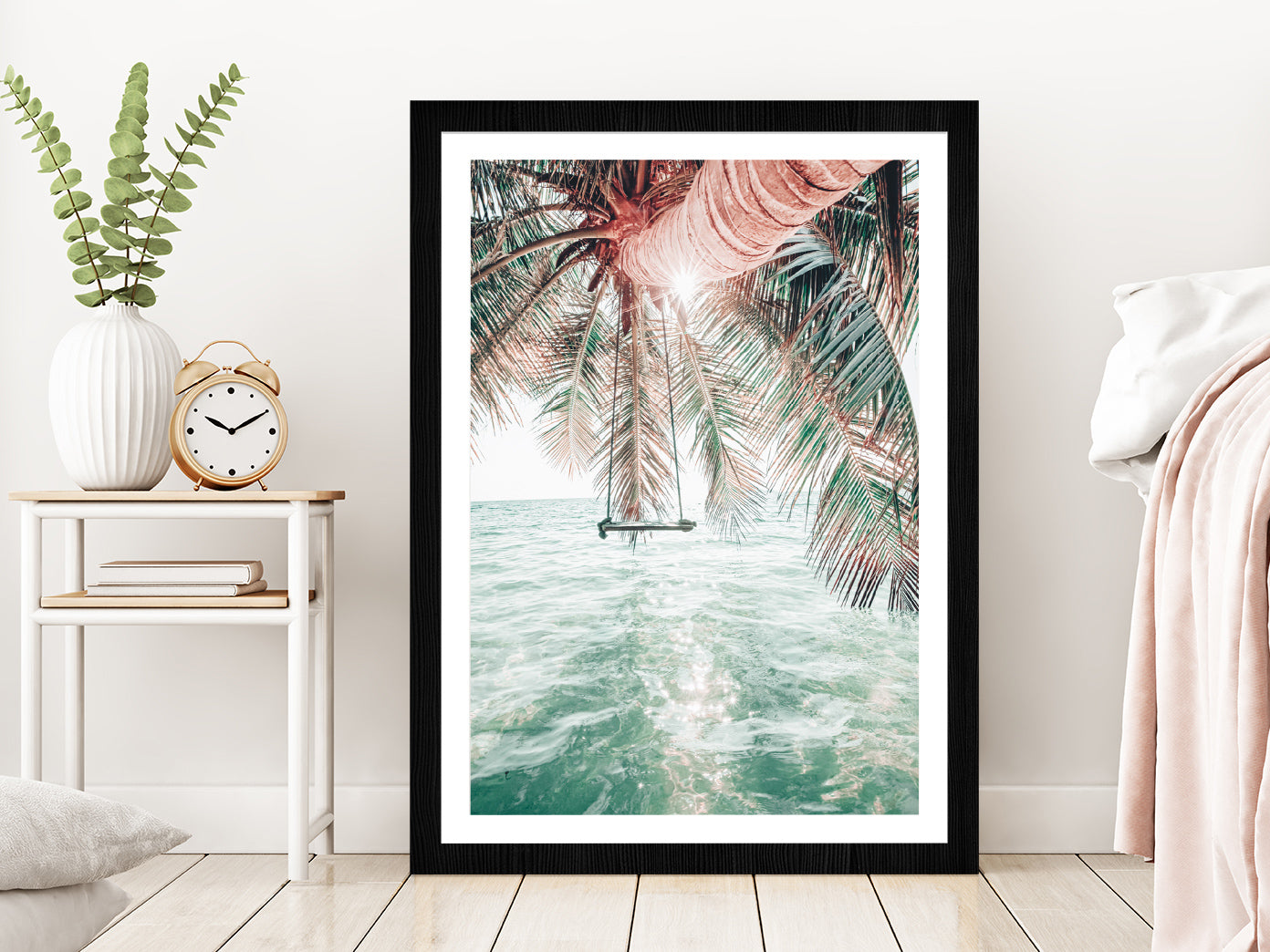 Palm Tree & Clear Water Sea Photograph Glass Framed Wall Art, Ready to Hang Quality Print With White Border Black