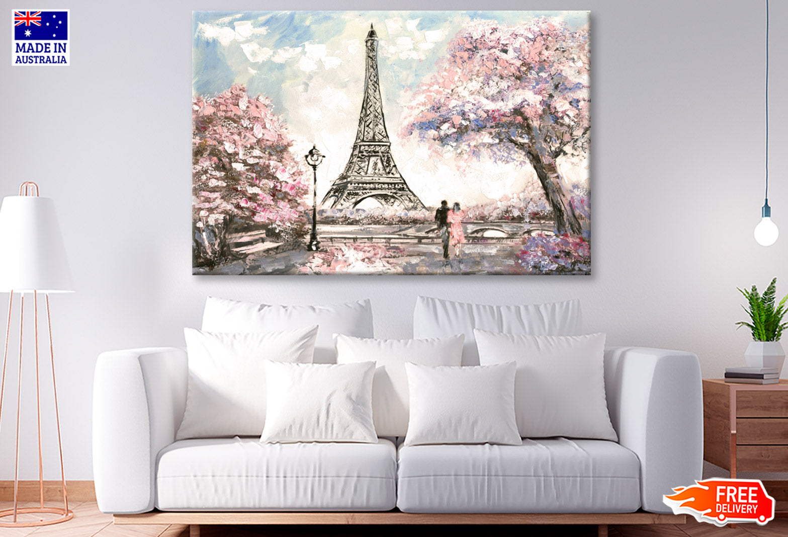 Couple near Eiffle Tower Pink Blossom Trees Painting Wall Art Limited Edition High Quality Print