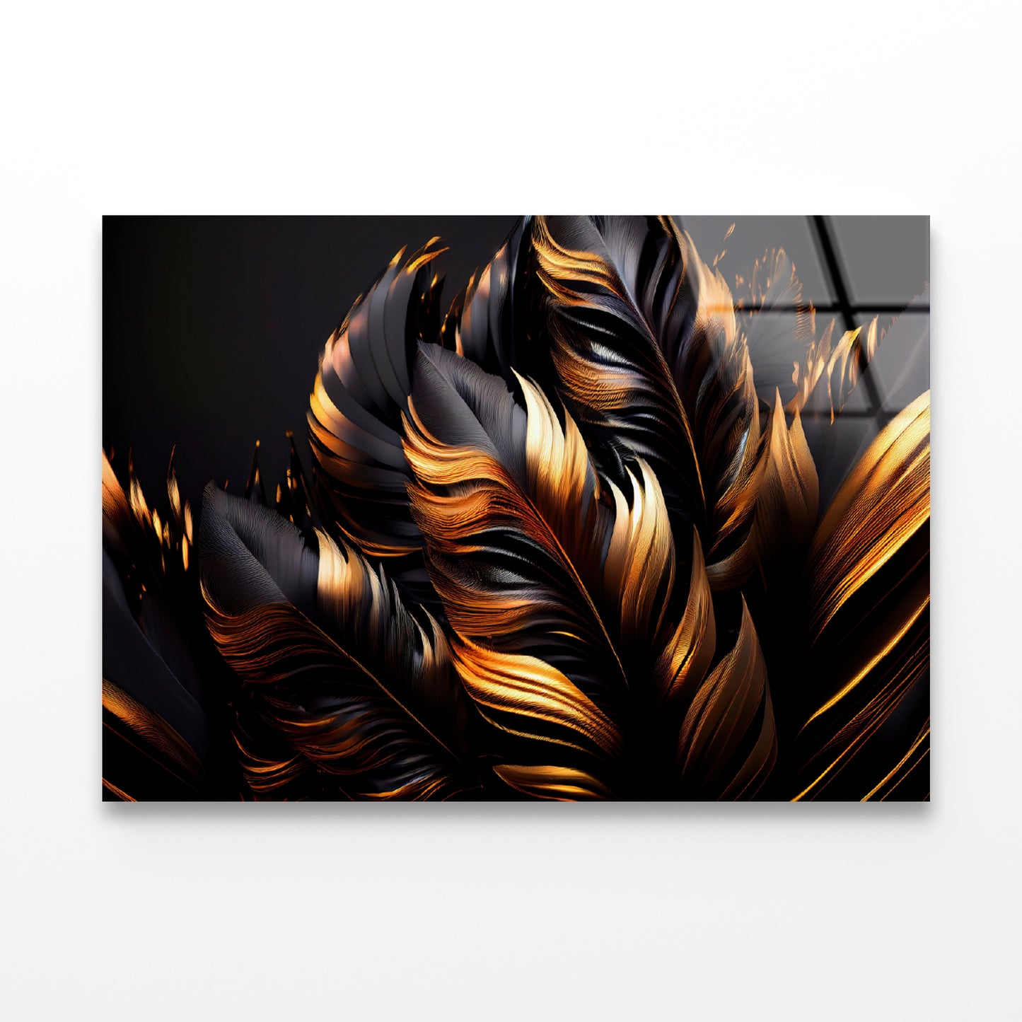 Black and Gold Feathers Acrylic Glass Print Tempered Glass Wall Art 100% Made in Australia Ready to Hang - Bella Home Decor