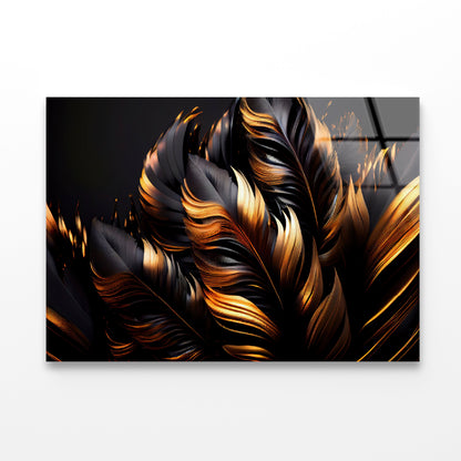 Black and Gold Feathers Acrylic Glass Print Tempered Glass Wall Art 100% Made in Australia Ready to Hang - Bella Home Decor