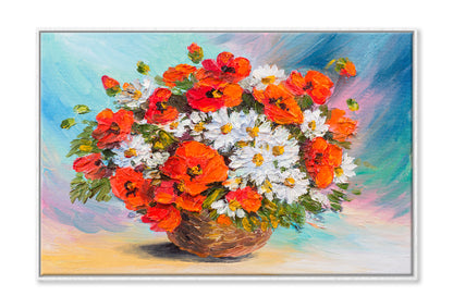 Flower Bouquet Of Poppies & Daisies Oil Painting Wall Art Limited Edition High Quality Print Canvas Box Framed White