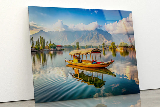 Boat on the Water, Lake, Mountains in India Acrylic Glass Print Tempered Glass Wall Art 100% Made in Australia Ready to Hang - Bella Home Decor
