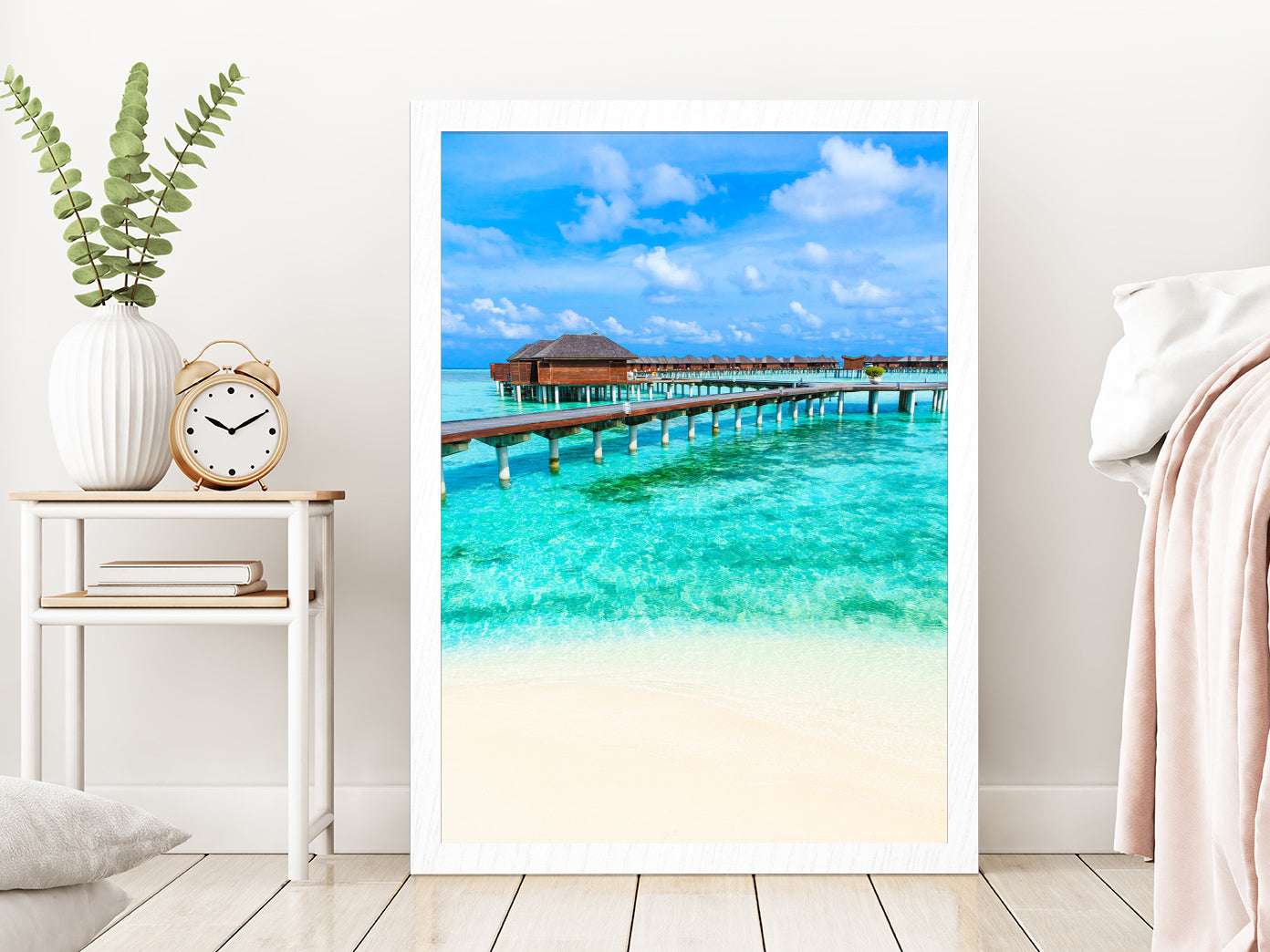 Bungalows Beach Photograph at Maldives Glass Framed Wall Art, Ready to Hang Quality Print Without White Border White