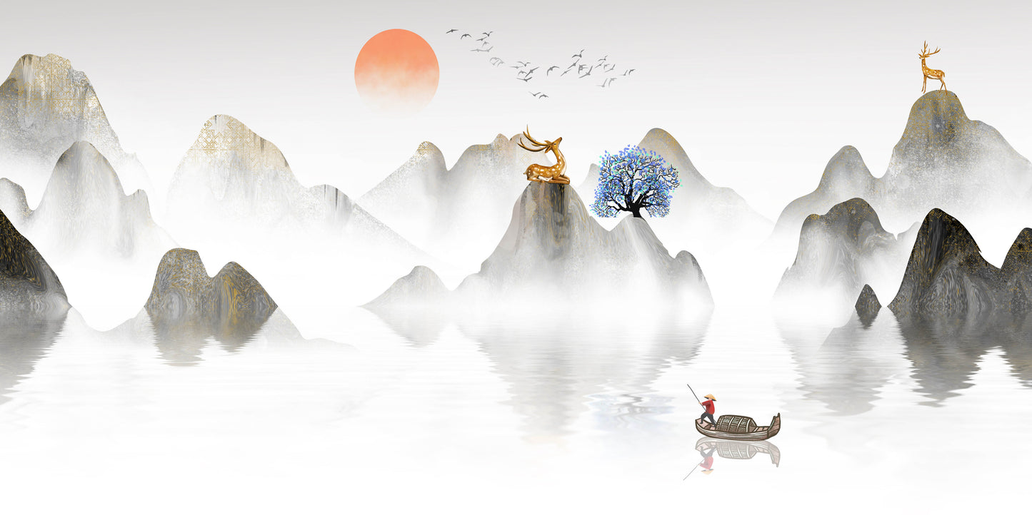 Chinese Ink Mountain Gold Deer Wall Art Canvas Office Home Room Framed 120x60cm