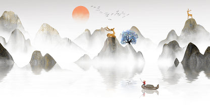 Chinese Ink Mountain Gold Deer Wall Art Canvas Office Home Room Framed 120x60cm