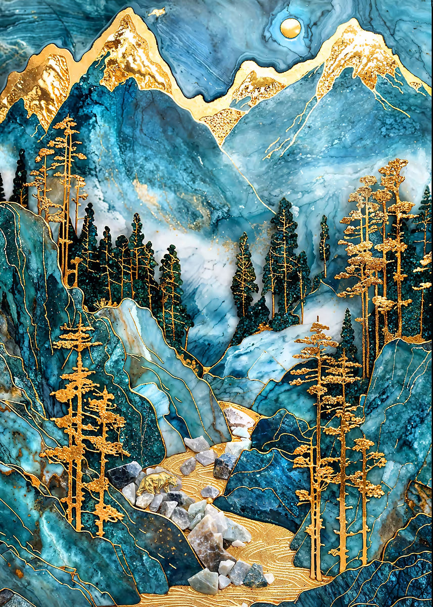 Gold Bear Jade Mountain Path 60x90cm Metal Print Ready to Hang - Bella Home Decor