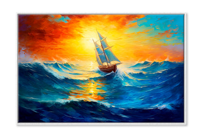 Sailboat Boat At Sunset On The Ocean Oil Painting Limited Edition High Quality Print Canvas Box Framed White