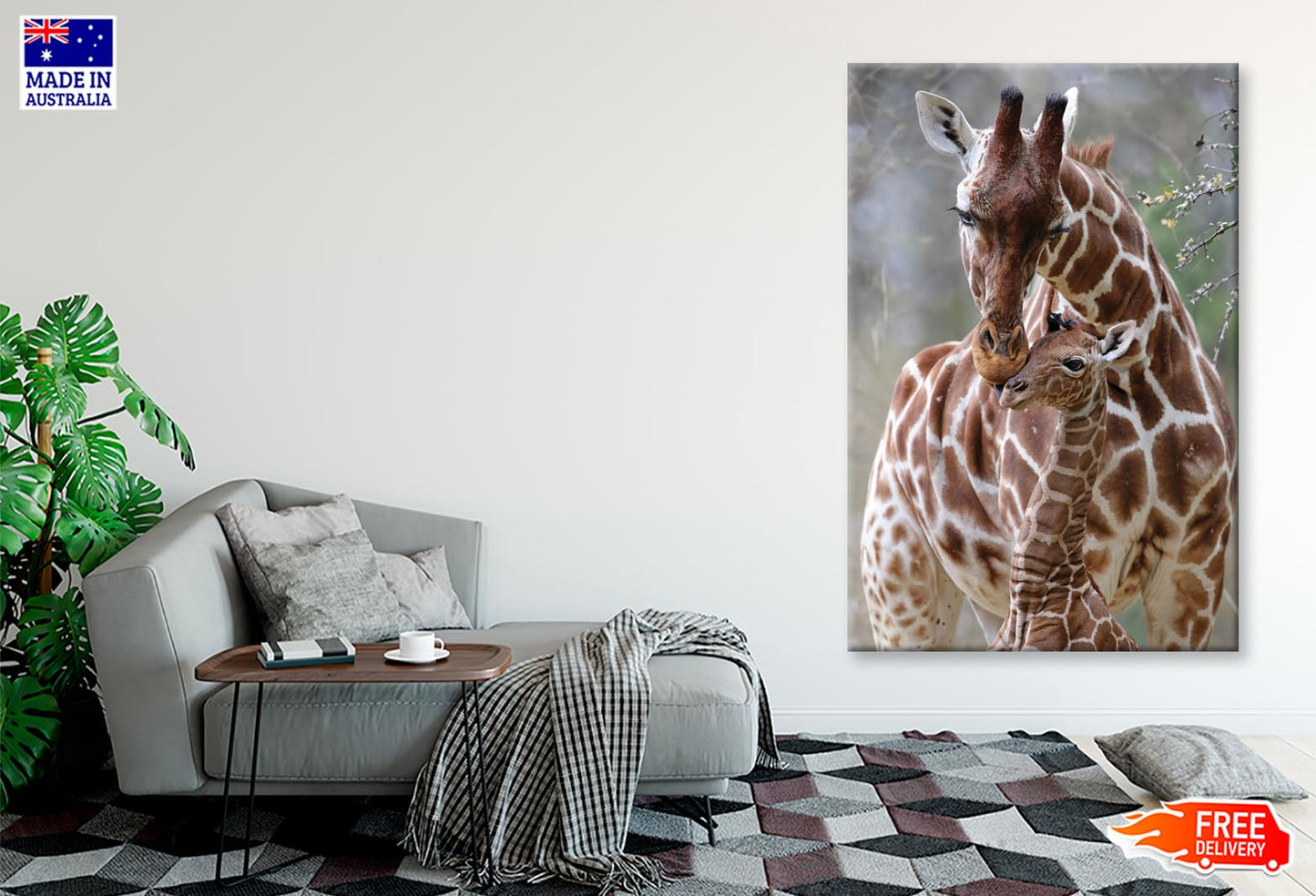 Closeup Of Cute Reticulated Giraffe Baby with Parent Wall Art Decor 100% Australian Made