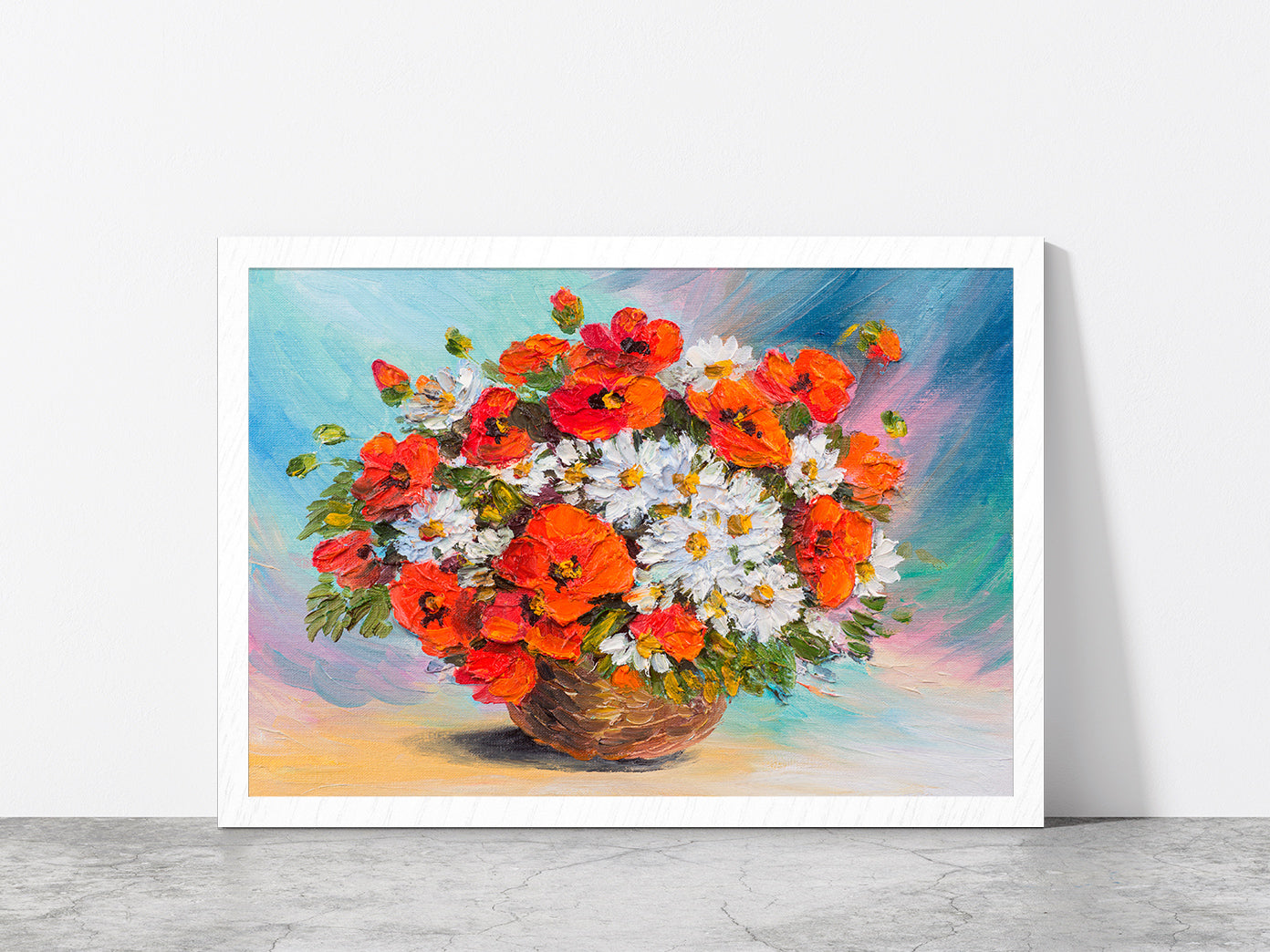 Flower Bouquet Of Poppies & Daisies Glass Framed Wall Art, Ready to Hang Quality Print Without White Border White