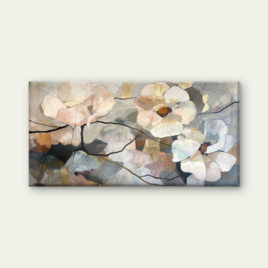 Gold White Floral Bloom Botanical Design Wall Art Canvas Office Home Framed 120x60cm