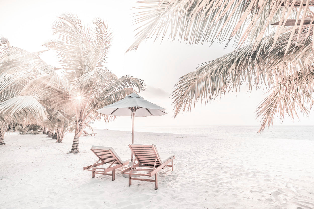 Beach Hut & Chair with Palm Trees on Sandy Seashore Glass Framed Wall Art, Ready to Hang Quality Print