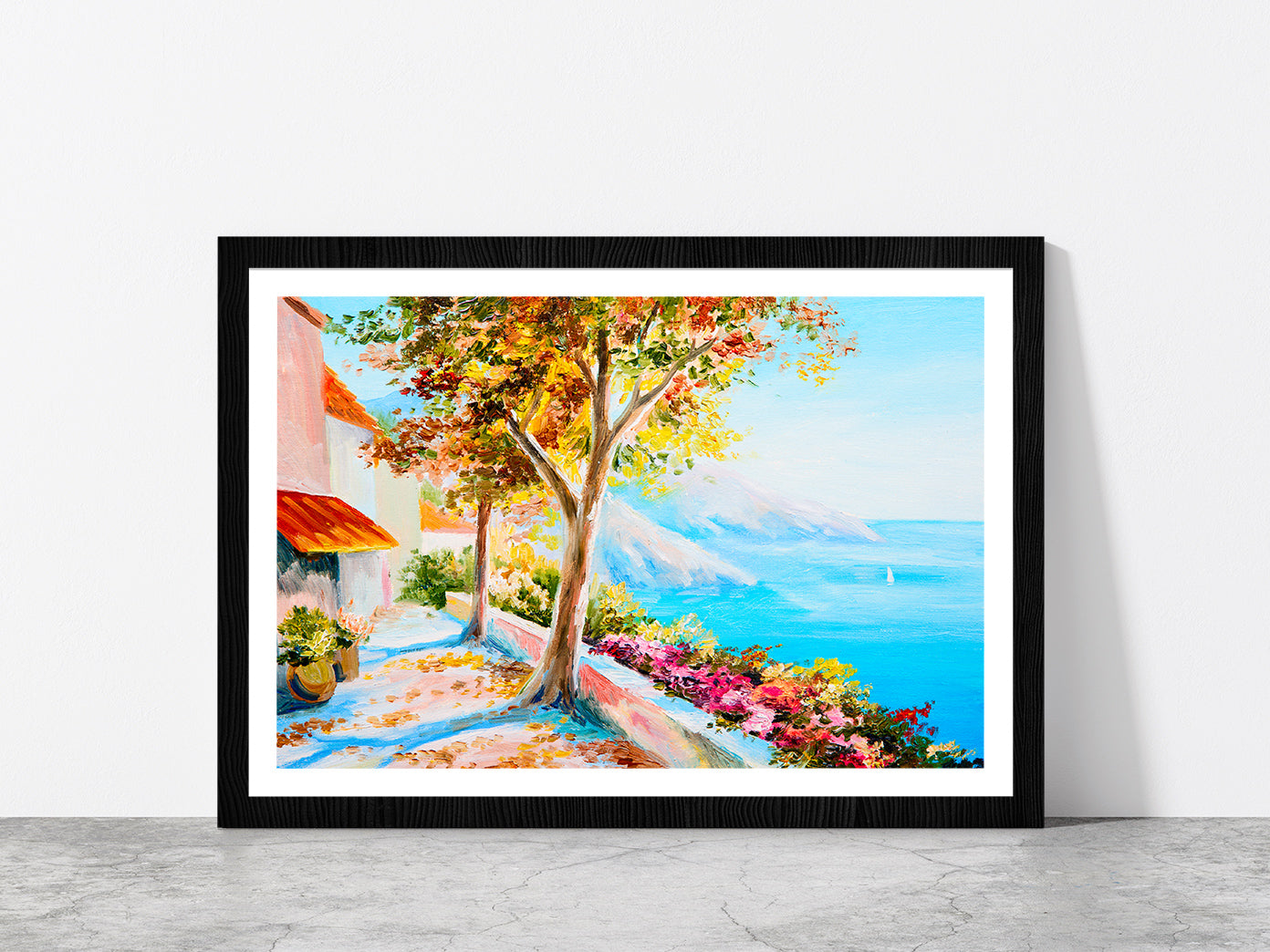 House Near The Sea Seascape Painting Glass Framed Wall Art, Ready to Hang Quality Print With White Border Black