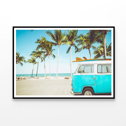 A Blue Van Parked On a Beach with Palm Trees Home Decor Premium Quality Poster Print Choose Your Sizes