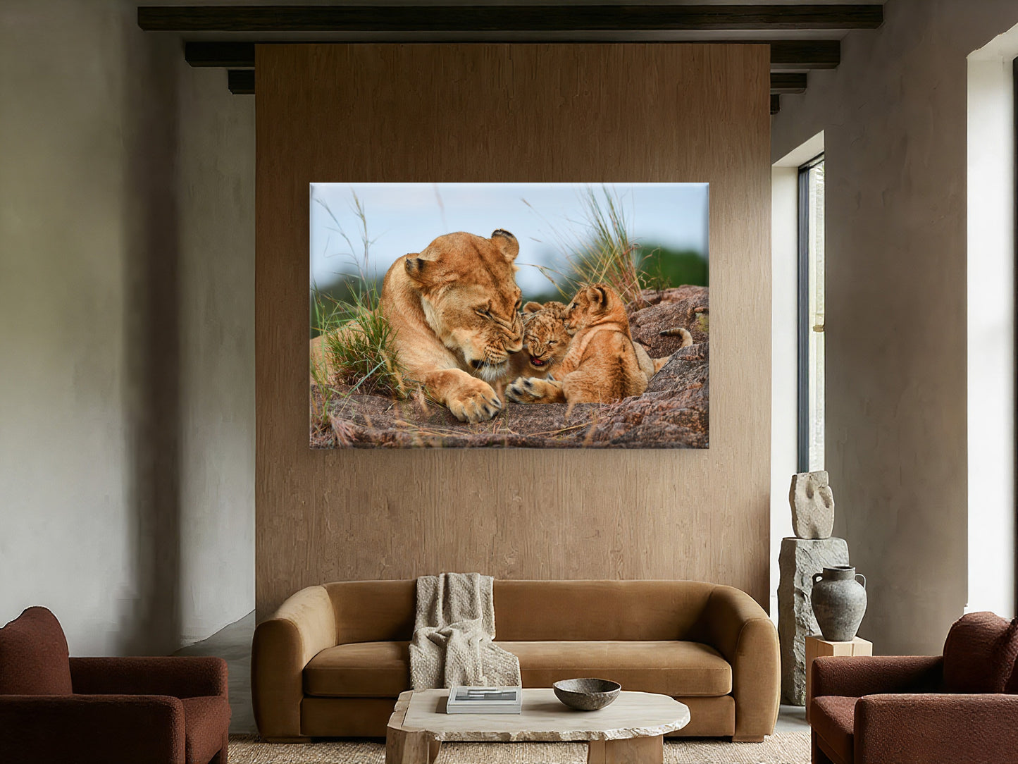 Lioness and Cubs Resting on Rocks Wall Art Decor 100% Australian Made