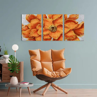 3pcs Orange and Golden Floral Giclee Wall Art Set Canvas Unframed - High Quality Print 100% Australian Made Wall Canvas