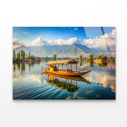 Boat on the Water, Lake, Mountains in India Acrylic Glass Print Tempered Glass Wall Art 100% Made in Australia Ready to Hang - Bella Home Decor
