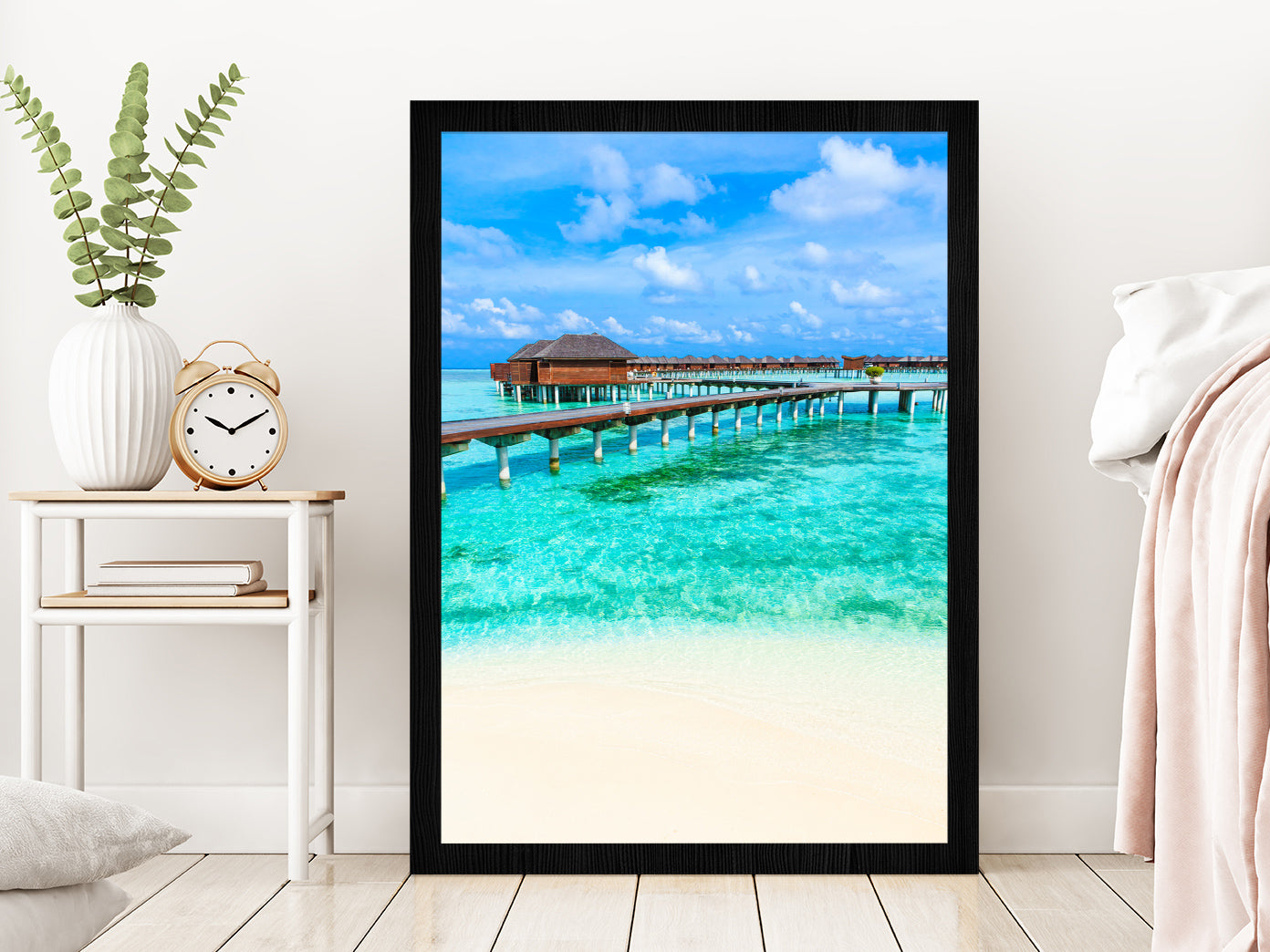 Bungalows Beach Photograph at Maldives Glass Framed Wall Art, Ready to Hang Quality Print Without White Border Black