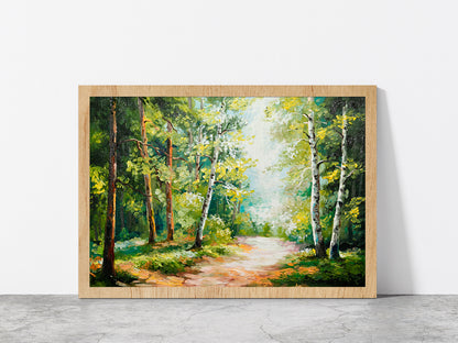 Summer Forest Oil Painting Glass Framed Wall Art, Ready to Hang Quality Print Without White Border Oak