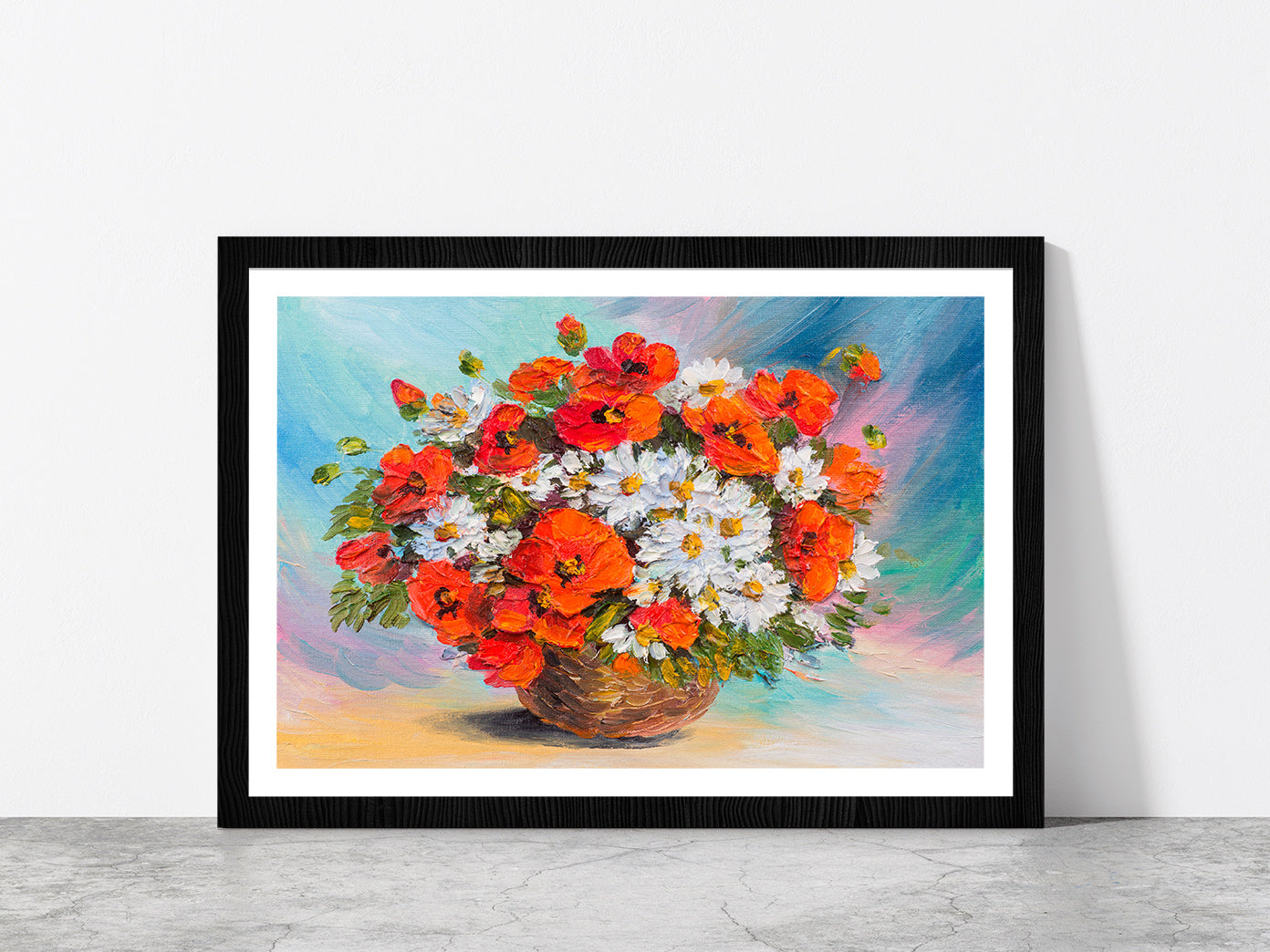 Flower Bouquet Of Poppies & Daisies Glass Framed Wall Art, Ready to Hang Quality Print With White Border Black