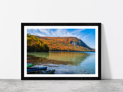 Autumn Forest With Lake & Boats Glass Framed Wall Art, Ready to Hang Quality Print With White Border Black