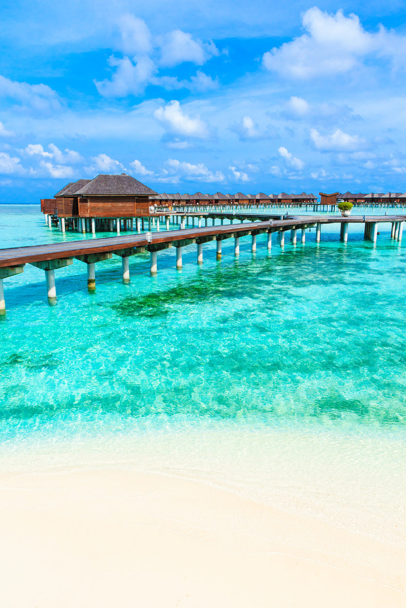 Bungalows Beach Photograph at Maldives Glass Framed Wall Art, Ready to Hang Quality Print