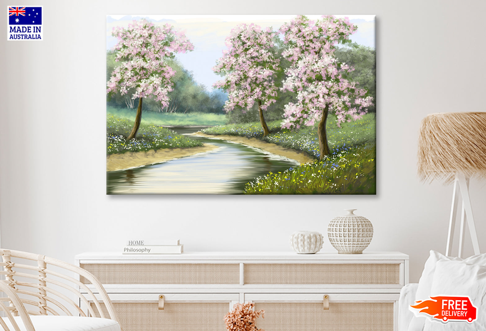 Spring Flower Trees near River Oil Painting Wall Art Limited Edition High Quality Print