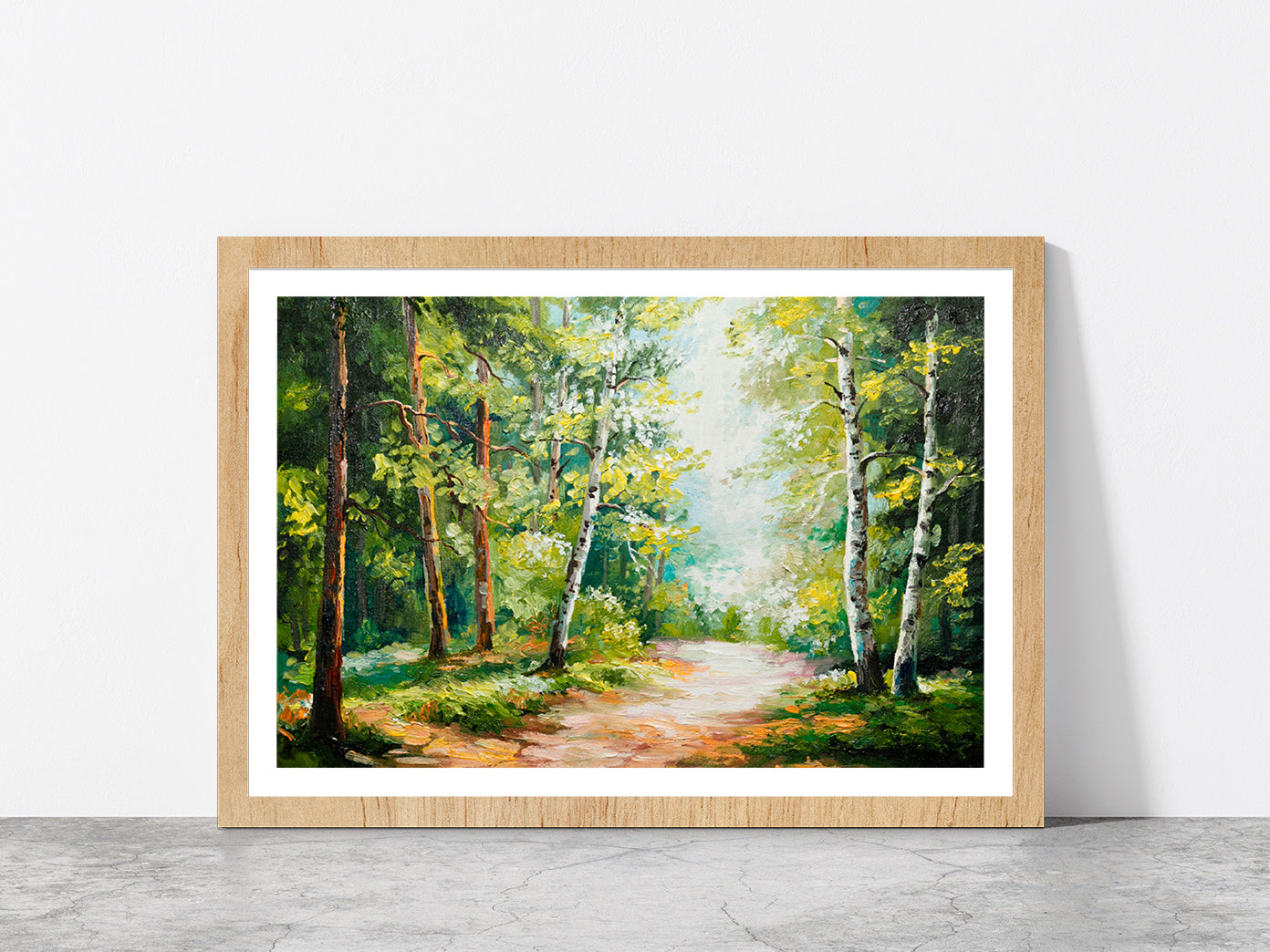 Summer Forest Oil Painting Glass Framed Wall Art, Ready to Hang Quality Print With White Border Oak