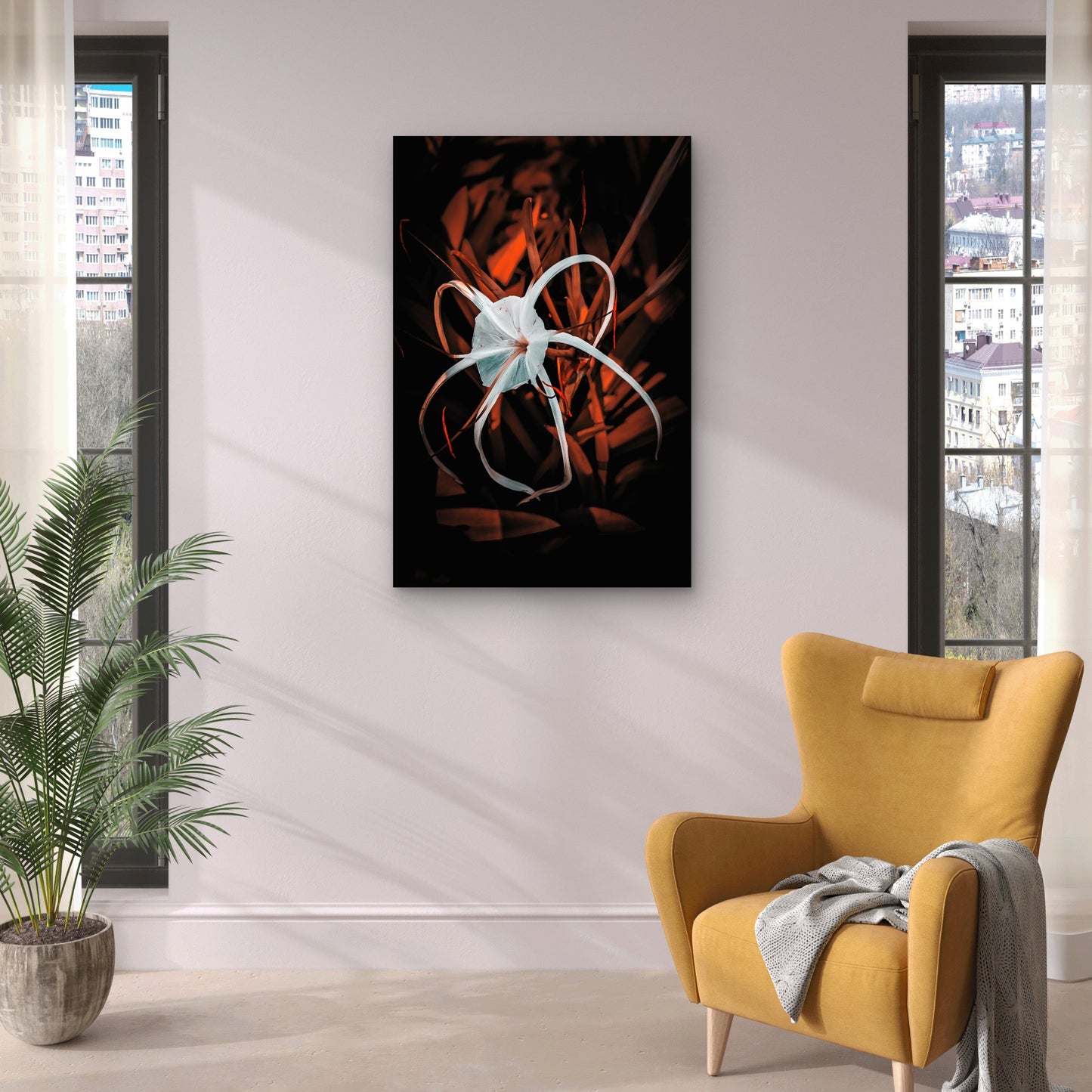 White Spider Lily Dark Nature Flower 40x60cm Metal Print Ready to Hang