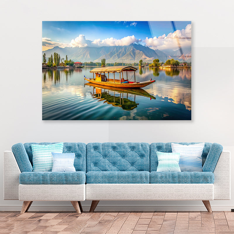 Boat on the Water, Lake, Mountains in India Acrylic Glass Print Tempered Glass Wall Art 100% Made in Australia Ready to Hang - Bella Home Decor